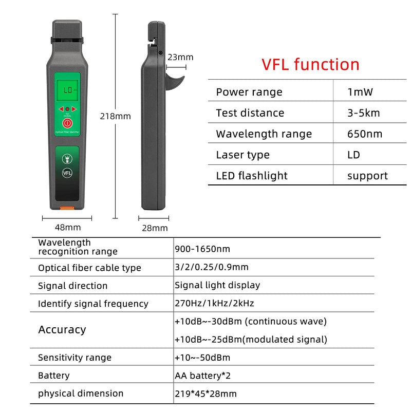 Optic Fiber Identifier VFL LED Light OFI Live Fiber Optical Cable Identifier Detector Tester 900-1650nm SM and MM OFI Testing Tools Black