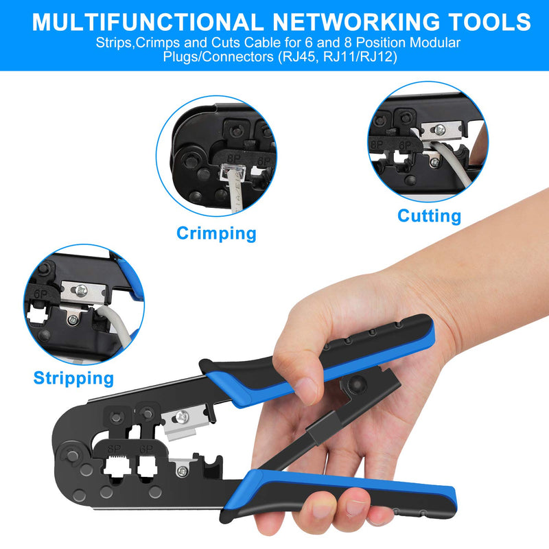RJ45 Crimping Tool Kit Ethernet Crimp Set, RJ-11, 6P/RJ-12, 8P/RJ-45 Crimp, Cut and Strip with 20PCS CAT5 CAT5e Connectors, Covers,1 Network Cable Tester 1 Wire Stripper JN-1