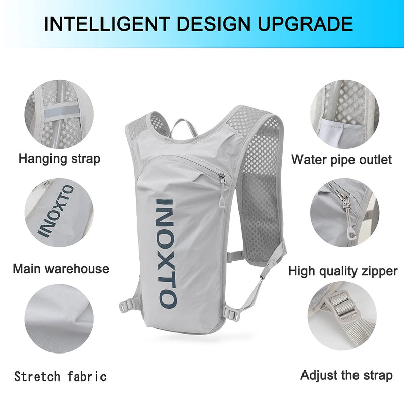 INOXTO Running Hydration Vest Backpack,Lightweight Insulated Pack with 1.5L Water Bladder Bag Daypack for Hiking Trail Running Cycling Race Marathon for Women Men Light gray