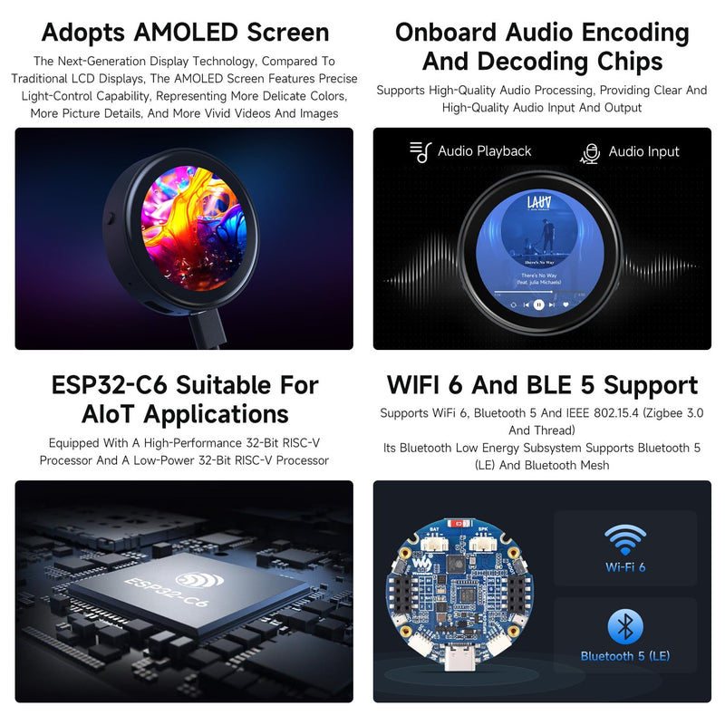 Waveshare ESP32-C6 1.43inch AMOLED Touch Round Display Development Board, 466×466 Pixels, 160MHz RISC-V Processor, QSPI Interface, Dual Digital Microphone Array, with Enclosure