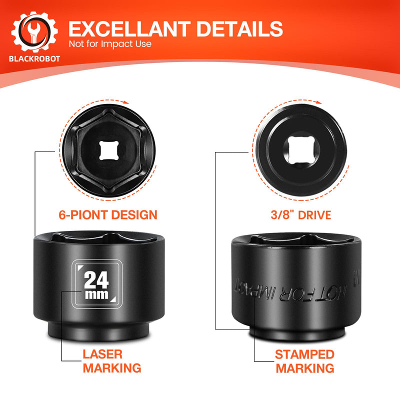 BLACKROBOT 24mm Low Profile Oil Filter Socket, 3/8" Drive 6-Point Oil Filter Cap Remover and Installer Tool, Chrome Vanadium Steel