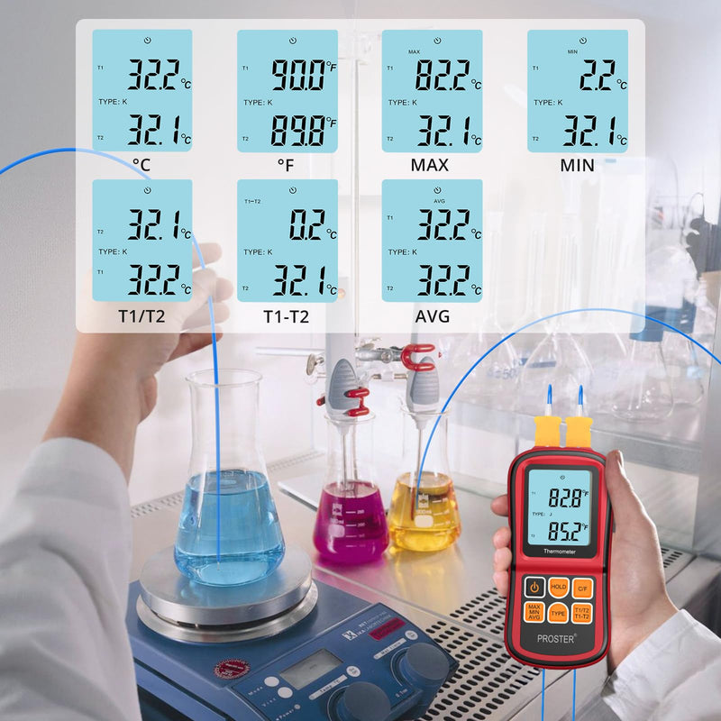 Proster Digital Thermocouple Temperature Thermometer Dual Channel - with Two K-Type Thermocouple Probe, Backlight LCD Thermometer for K J T E R S N Type Red