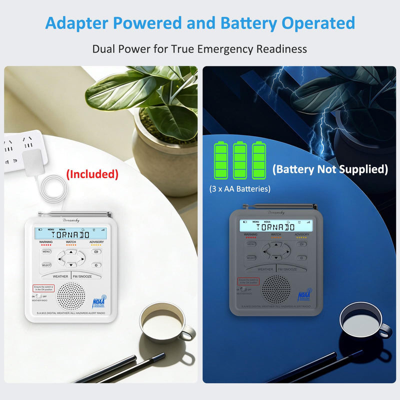 DreamSky Weather Radio NOAA Alert with Battery Backup & FM Radio for Home | S.A.M.E. Localized County Code Programming, 80+ All Hazards Emergency Alerts, 3 Alert Tones, Plug in Radios & Alarm Clock White