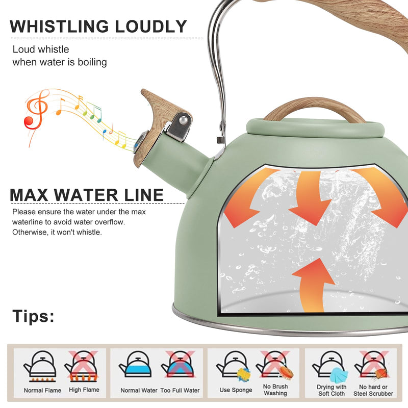 Tea Kettle, Vegoran 100 OZ / 3 Liter Whistling Tea Kettle, Tea Pots for Stove Top Food Grade Stainless Steel with Wood Pattern Folding Handle, Loud Whistle Kettle for Tea, Coffee, Milk (Green) Green