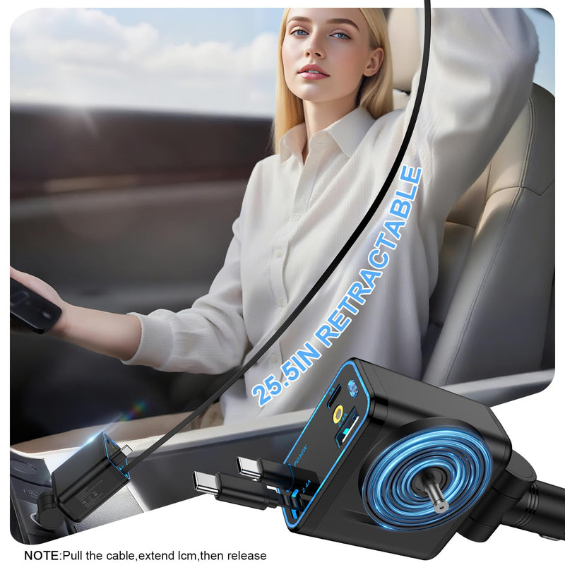 Retractable Car Charger with Starlight for Samsung Galaxy S26 Ultra/A17/A16 | 47W Starlight in Car Roof 4 in 1 Super Fast USB C & USB A Car Phone Charger Adapter for iPhone 17e/16e/17/16/15/14/13 Pro Max black