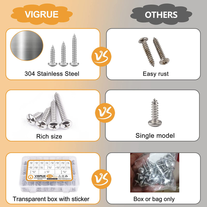 VIGRUE 510Pcs Stainless Steel Wood Screws Assortment Kit, #4#6#8#10#12 Phillips Pan Head Sheet Metal Screws Self Tapping Screws Set,Length 3/8" to 1-1/2" 510Pcs Pan Head #4#6#8#10#12