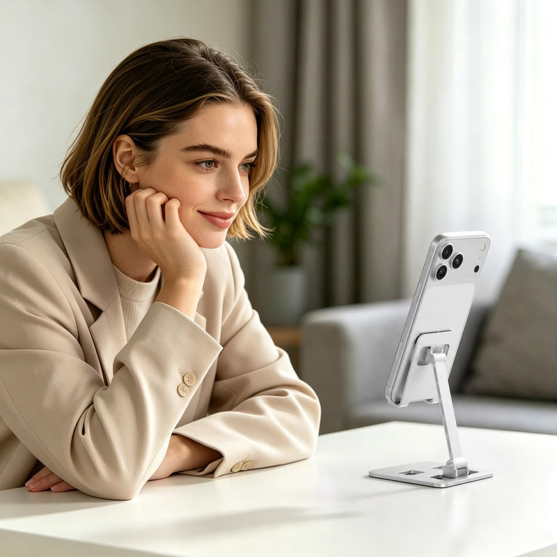 Foldable Aluminum Phone Stand, Multi-Angle Adjustable Desk Mount | Hands-Free Viewing, Silicone Pads Included, Charging Cutout, Compact & Portable, Universal Fit