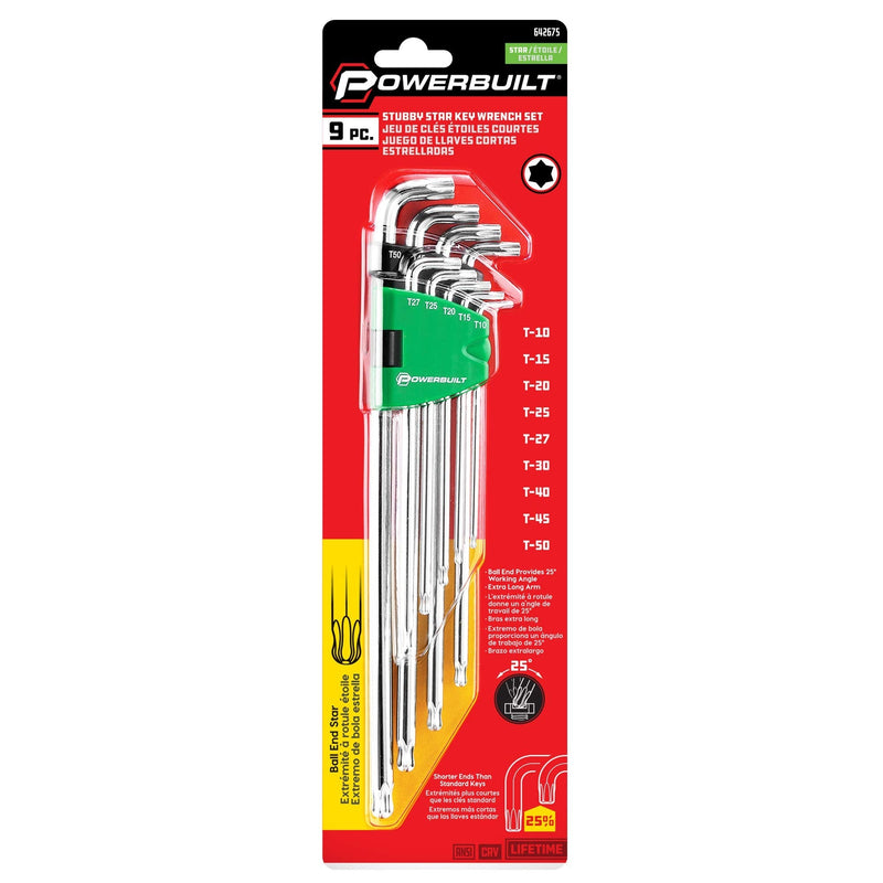 Powerbuilt 9 Piece Star Stubby Long Arm Ball End Hex Key Wrench Set, Allen Hex Key Wrench, Extra Long Arm, Ball End, size T10 to T50-240101
