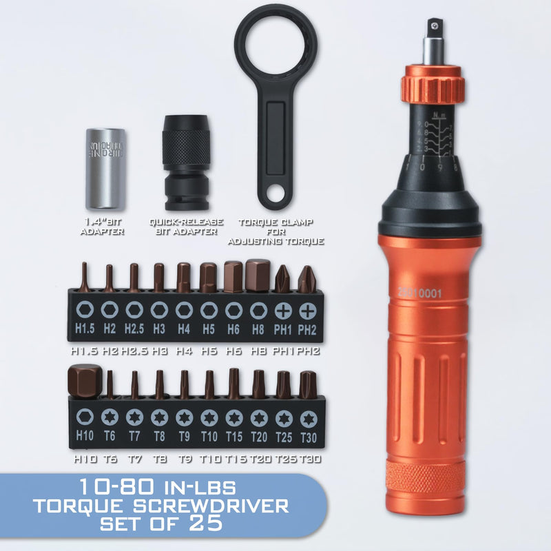 KNINE OUTDOORS Torque Screwdriver Wrench Driver Set 10-80 Inch Pounds lbs, 20 Steel Bits, Quick-release Bit Adaptor, 1/4” Bit Adaptor, Quick Clamp, For Tools, Bike Repairing and Mounting