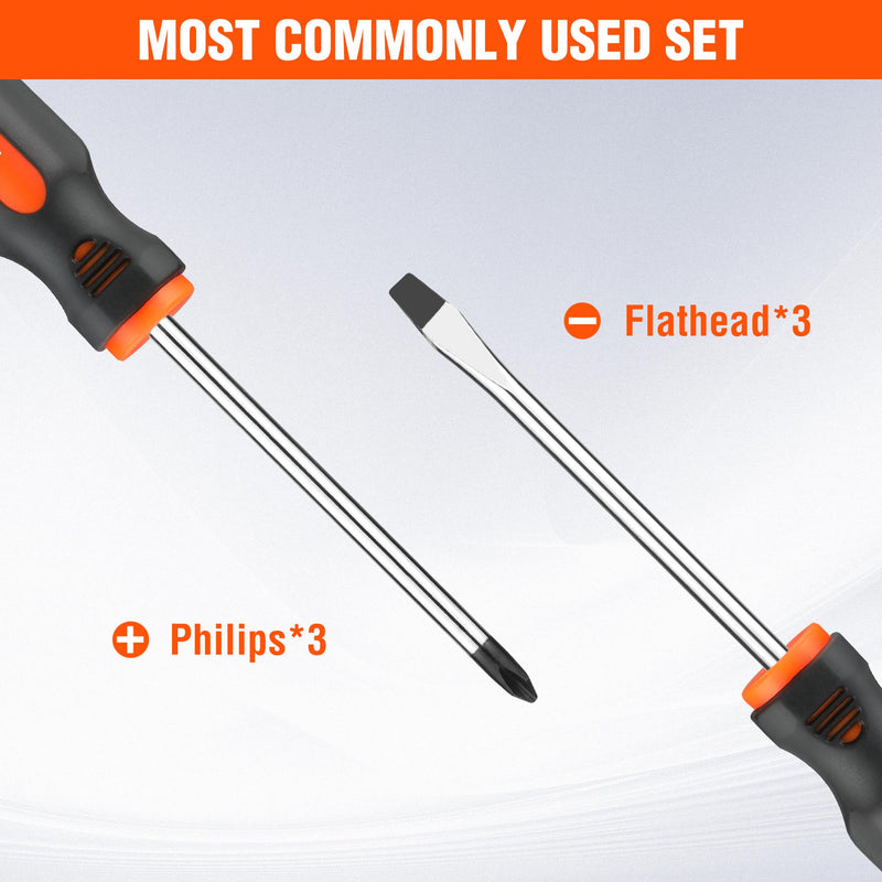 ValueMax 6-Piece Magnetic Screwdriver Set, 3 Phillips and 3 Flat Tip Screwdrivers, Non-slip Handle Screw Driver Set Kit 6 PCS