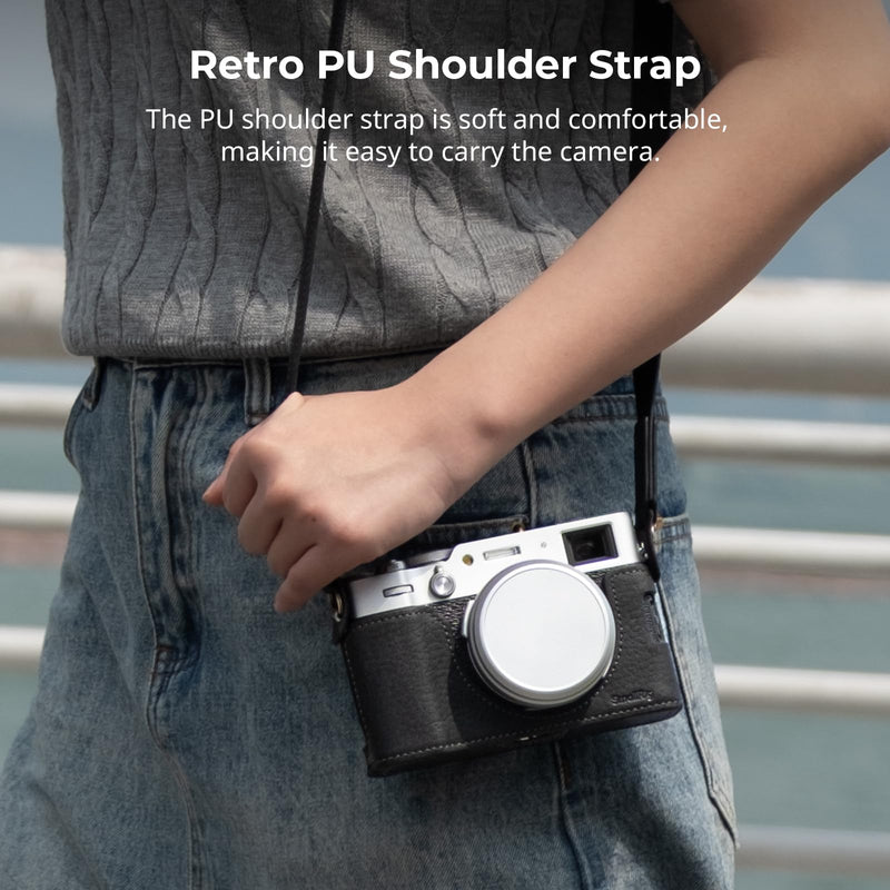 SMALLRIG Retro Half Leather Case for Fujifilm X100VI with Neck Strap, Black | Genuine Leather Half Case with Aluminum Alloy Frame and Shoulder Strap