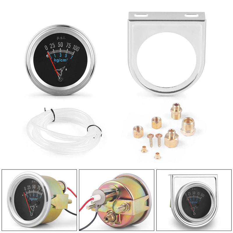 2''52mm Mechanical Oil Pressure Gauge Kit,0-100 PSI,0-7kg/cm², Universal Fit with M8*1 Threads,Chrome,Black