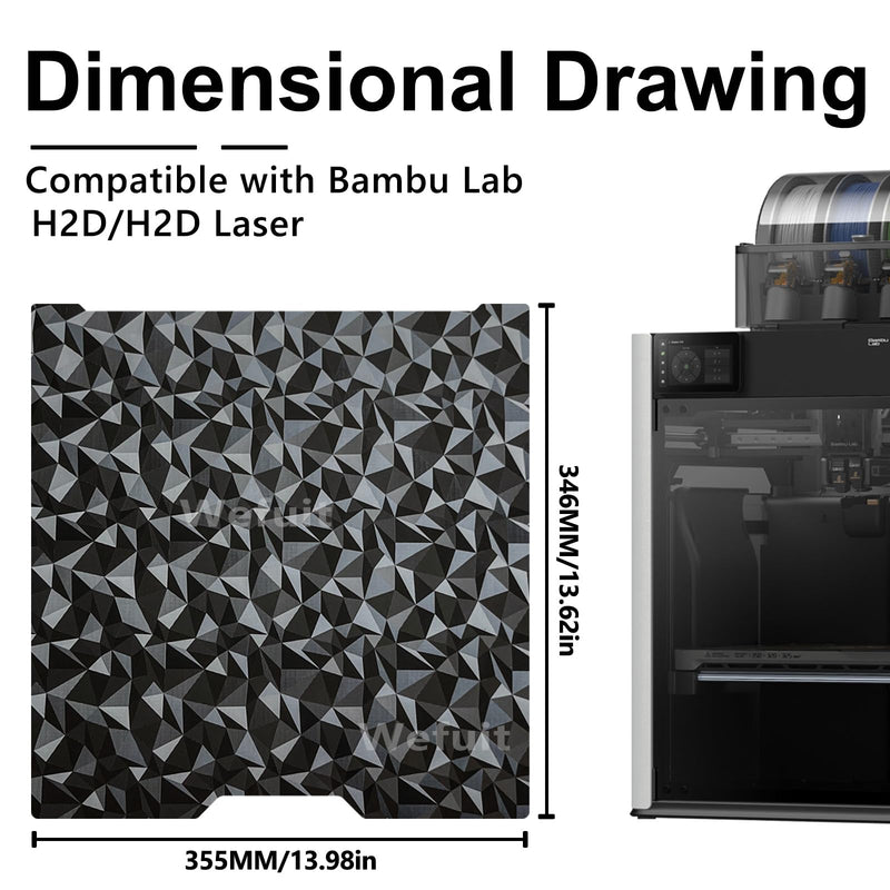 Carbon Fiber + Diamond Hot Bed for Bambu Lab H2D/H2S Build Plate 355x346mm Double Sided PEO PET Build Plate Flexible Removable Spring Steel Heated Bed Printing Platform for Bambus H2D/H2S 3D Printer PEO+ PET