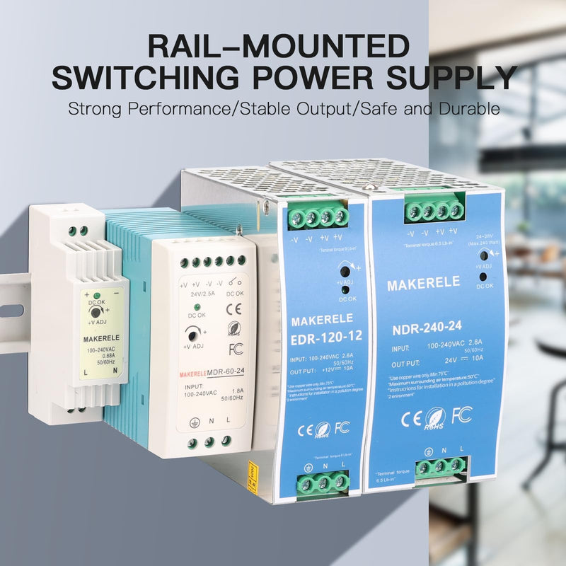 MAKERELE 120W 24V AC to DC DIN Rail Power Supply, 5 Amp EDR Power Switching Converter (120W 24V 5A) 120W-24V