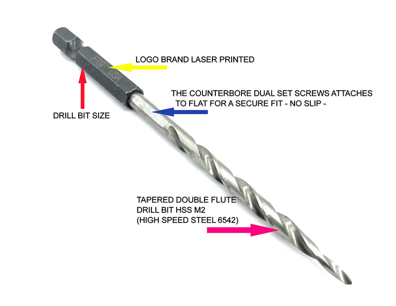 FTG USA 5 Pc #12 (7/32") Countersink Drill Bit Set with 5 Pc Replacement Tapered Drill Bits for Wood in Storage Container