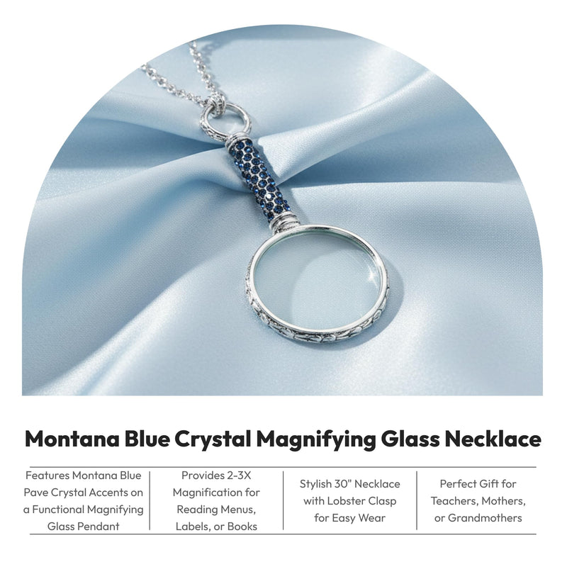 1928 Jewelry Montana Blue Pave Crystal Magnifying Glass Necklace for Women Pendant Enhancer, 30 Inch - Magnification Power: 2-3X, Multifunctional Magnifier Perfect for Reading Books, Made in USA
