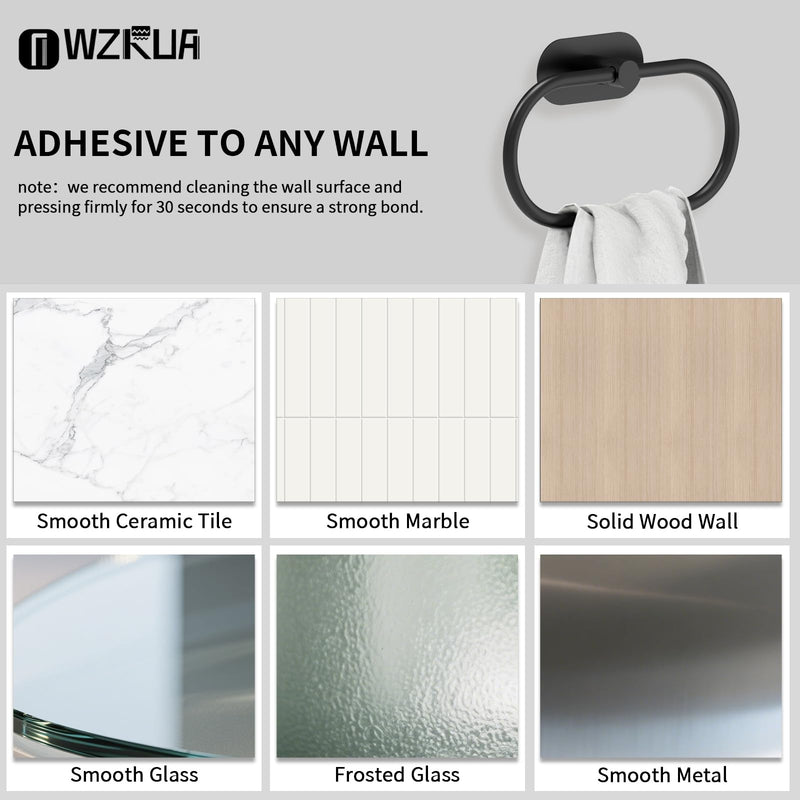 Adhesive Towel Holder for Bathroom Matte Black No Drill Hand Towel Ring Stainless Steel and Zinc Alloy Self Adhesive Towel Hanger for Bath, Kitchen