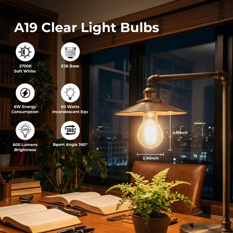 GvvooHome A19 E26 LED Light Bulbs 60 Watt Equivalent, 6W Energy Saving, Dimmable Clear Glass Edison Bulbs, 2700K Warm White Vintage Filament Bulbs, 90+ CRI, 600 Lumens, for Pendant Lights, 12 Pack