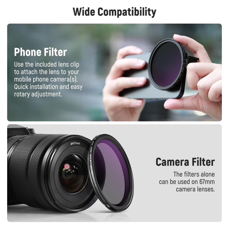NEEWER 67mm Clip On Variable ND2-ND32 Phone Lens Filter Kit, Phone Clip with Threaded Adapter Ring/Cold Shoe/Locking Knob, HD Variable ND Filter for iPhone 15 Pro Max 14 13 Galaxy S22 S23 S24 Ultra