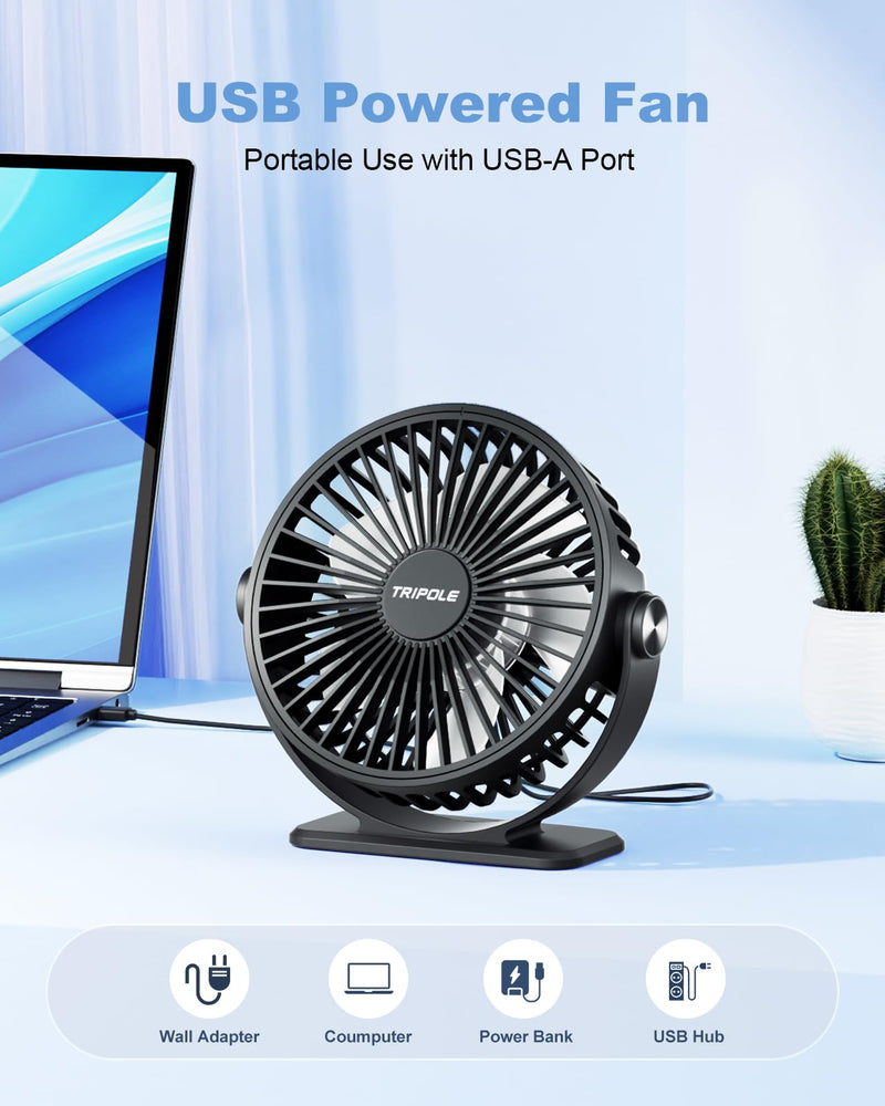 TriPole Desk Fan USB Powered Small Portable Fan, 3 Speeds Adjustable Strong Breeze Mini Personal Fan, 360° Rotation Quiet Plug In USB Fan for Desktop Bedroom Office Table Travel, Black, 4.9ft Cable