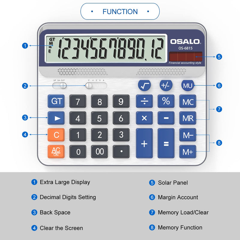 Desktop Calculator and Mesh Zipper Waterproof Pouch Bundle, 12-Digit Battery Solar Powered LCD Display Big Button Calculator, 11x13.7in Large Double Pocket Waterproof File Bag with Handle
