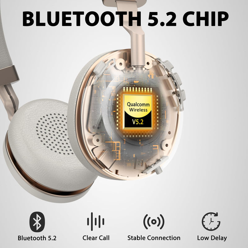 Wireless Headset with Mic for Work, V5.2 Bluetooth Headset with Microphone Noise Canceling & Charging Base, Wireless Headphones with Mic Mute Button & USB Dongle 45Hrs for Laptop/PC/Call Center/Home Gold White