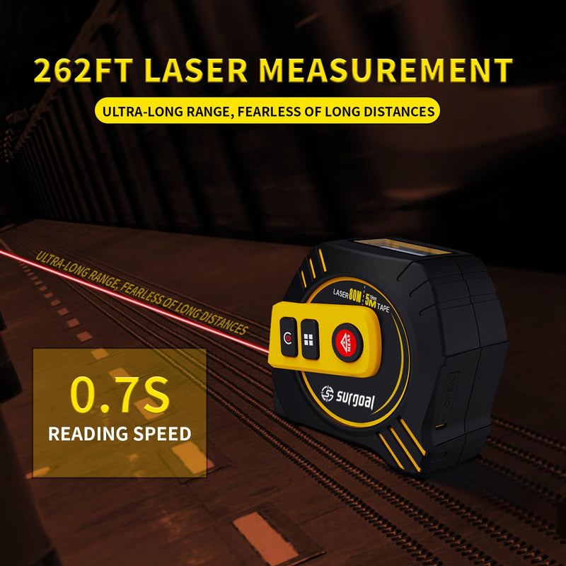 2-in-1 Laser Tape Measure 262ft Rechargeable Digital Tape Measure with Laser 16Ft Construction Measuring Tape for Woodworking and DIY, Pythagorean, Area, Volume, Ft/Ft+in/in/M Unit Magnetic Hook Red Laser Tape 16ft+262ft One Size