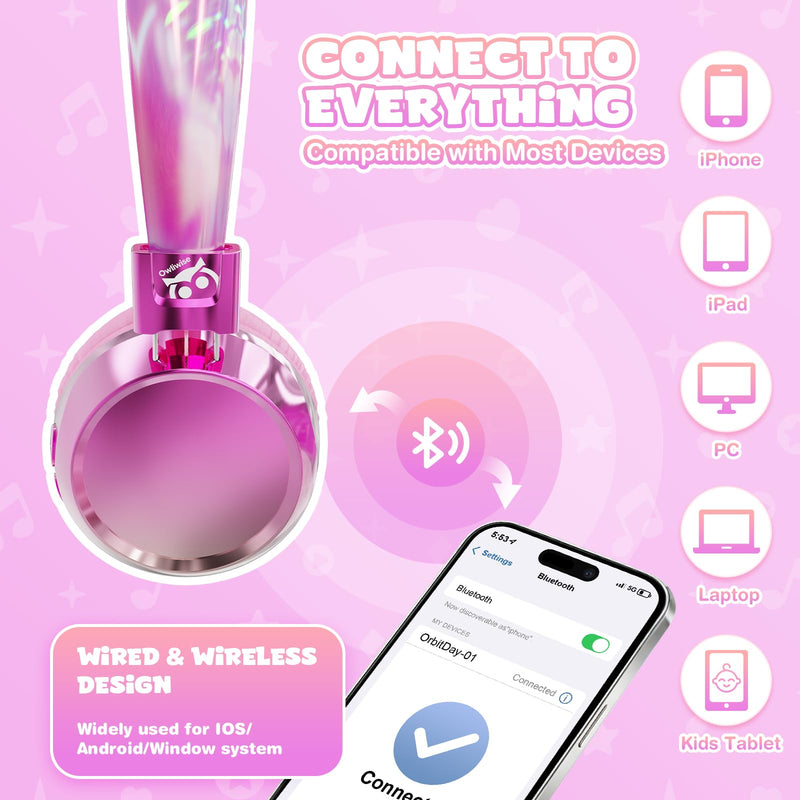Owliwise Kids Bluetooth Headphones, 74/85dB Volume Limited, 60H Playtime, Built-in Mic, Fast Charging, Bluetooth 5.4, Foldable Toddler Wireless Over-Ear with AUX Cord, for iPad/Tablet/Airplane Pink
