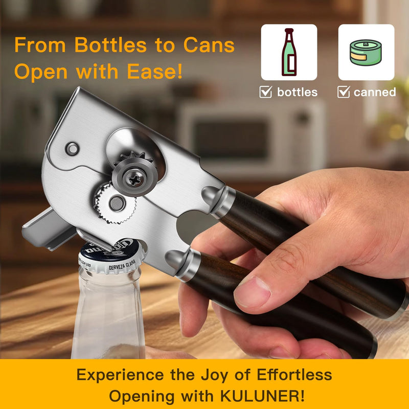 Upgraded Efficient Manual Can Opener - Selected Solid Wood Handle, Sharp and Smooth Blade Edge, Portable Design, Easy-Open Large Knob, Versatile for Various Bottle Caps（Agarwood） Agarwood