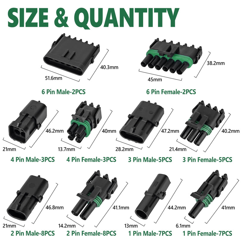 376Pcs 25 Kits Waterproof Automotive Electrical Connectors 1/2/3/4/6 Male&Female Pin 22-14AWG Wire Harness Spark Plug Connector Terminals Plug Kit Car 25Kits 22-14AWG 1/2/3/4/6 Pin