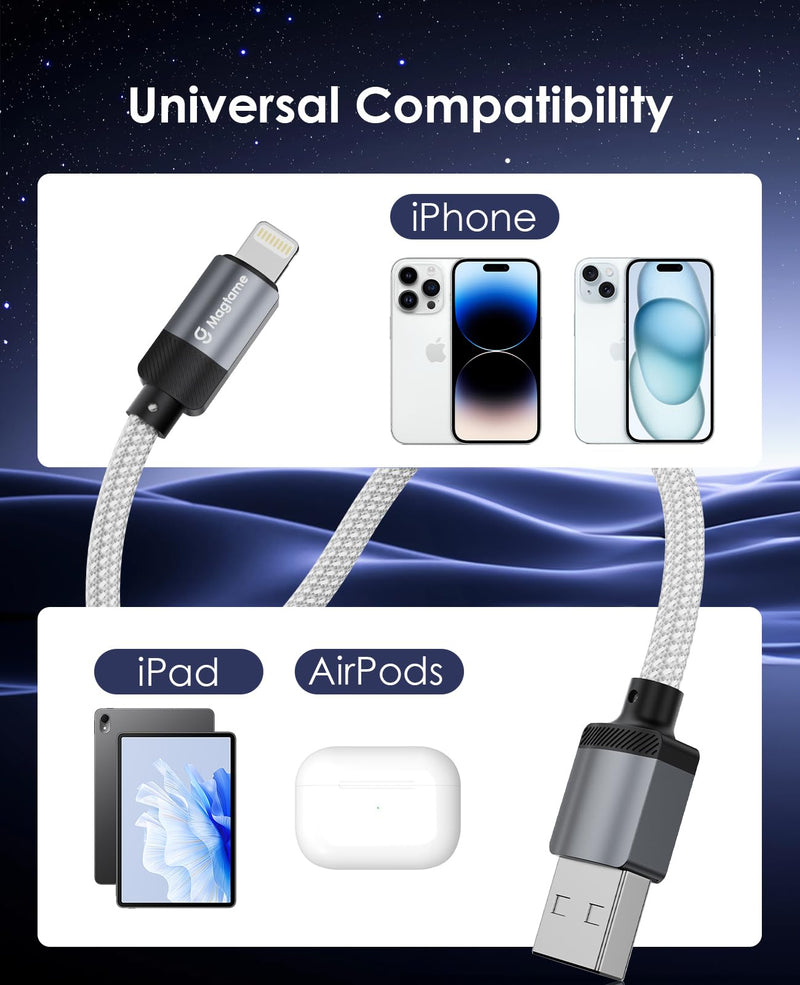 Coiled Magnetic USB A to Lightning Cable 3.3FT, Self Winding Cord | Silver Braid USB to Lightning Charging Cord Anti Tangle Car Desk Phone Cable Compatible with iPhone 14 13 12 11 Pro Max SE