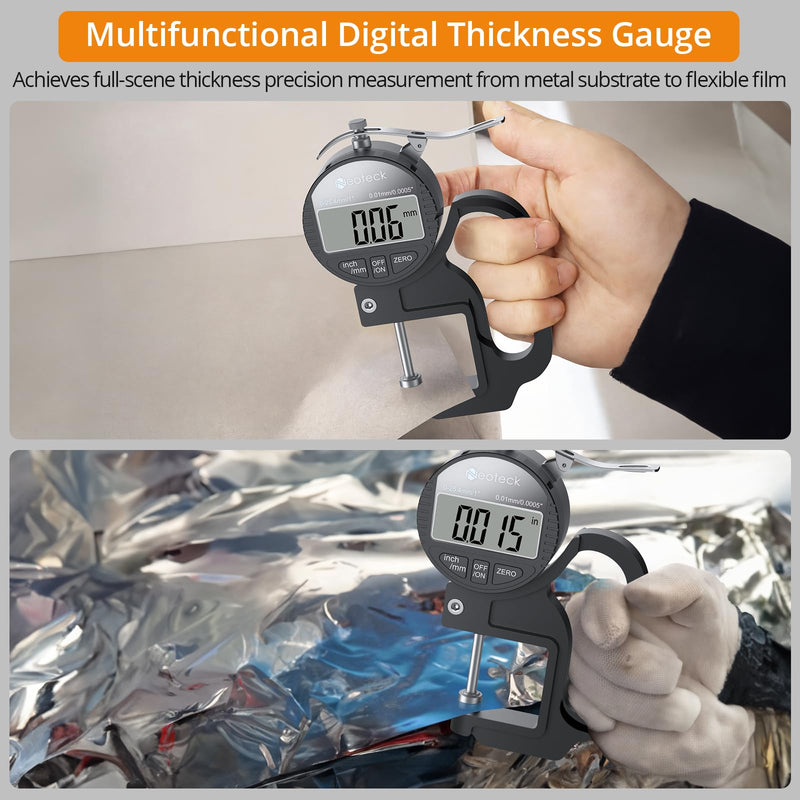 Neoteck Digital Thickness Gauge 1inch/25.4mm,0.0005inch/0.01mm LCD Display with Inch/MM Conversion One-Hand Quick Press Thickness Measuring Tool for Leather Paper Fabric Film etc.-Silver-Black 0-1"/0.0005" Silver-black