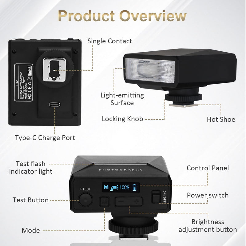 G12 Mini Camera Flash Speedlite, GN12 5600K,USB-C Charging Built-in 1200mAh Battery Compatible for Canon/Sony/Fujifilm/Nikon/Panasonic/Olympus,Speedlight Photography for Cameras with Single-Contact