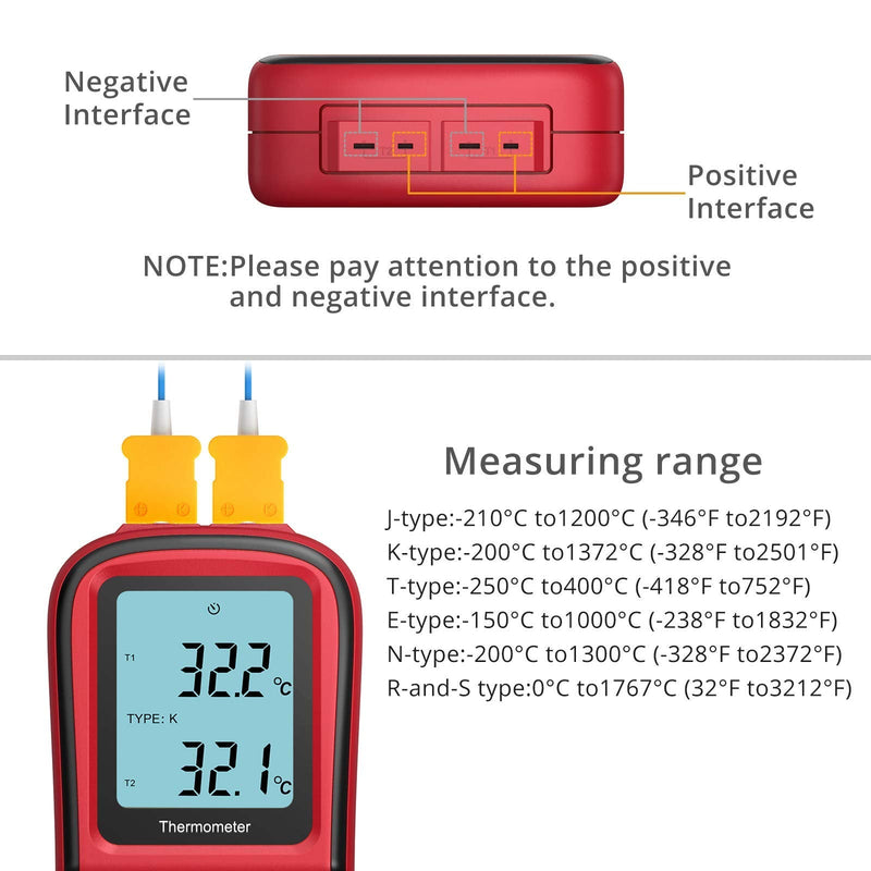 Kamtop Digital Thermometer, Dual Channel Thermometer with Two K Type Thermocouple Probes, High Temperature Meter Dual Measurement Meter Sensor Backlight LCD for K/J/T/E/R/S/N Type