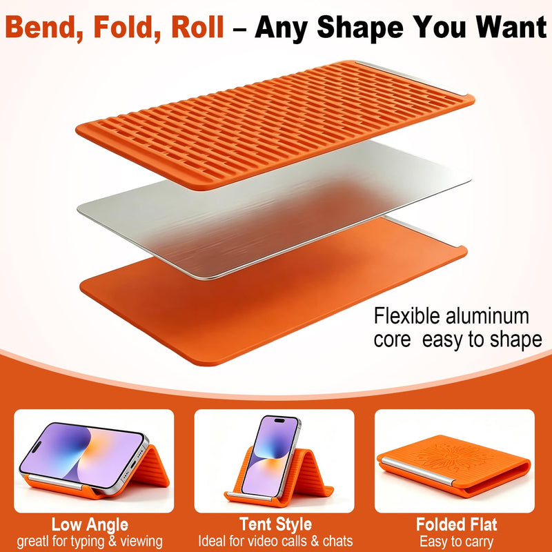 1PCS Flexible Silicone Phone Stand Holder, Foldable Adjustable Cell Phone Stand, Portable Anti Slip Airplane Phone Holder for Bed, Office, Kitchen, Travel, Compatible with Smartphone, Tablet（Orange） Orange