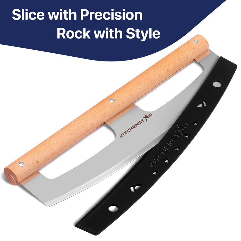 KitchenStar 14-Inch Pizza Cutter Rocker Blade - Razor Sharp Stainless Steel Slicer Knife, Stylish Beech Wood Handle, Protective Cover - Professional Pizza Oven Accessories, Silver 14 inch a) Silver