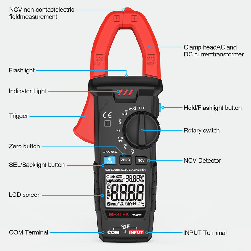 Digital Clamp Meter Multimeter, TRMS 6000 Counts 600A Current Amp Volt Meter, Auto-Ranging Voltage Tester Measures AC DC Current Voltage Resistance Capacitance Temperature Diodes Continuity NCV