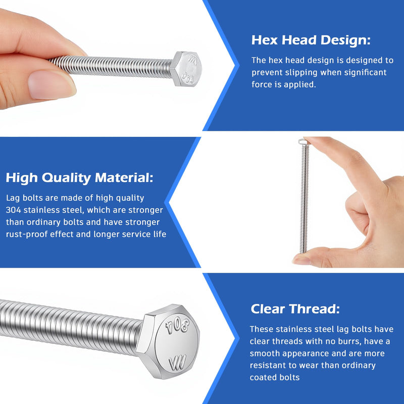 Zonon 50 Pcs 1/4-20 x 3-1/2" Hex Head Screw Bolt 18-8 (304) Stainless Steel Hexagon Bolts, Fully Threaded, Plain Finish, External Hex Drive (Silver) 1/4-20 X 3-1/2" Silver