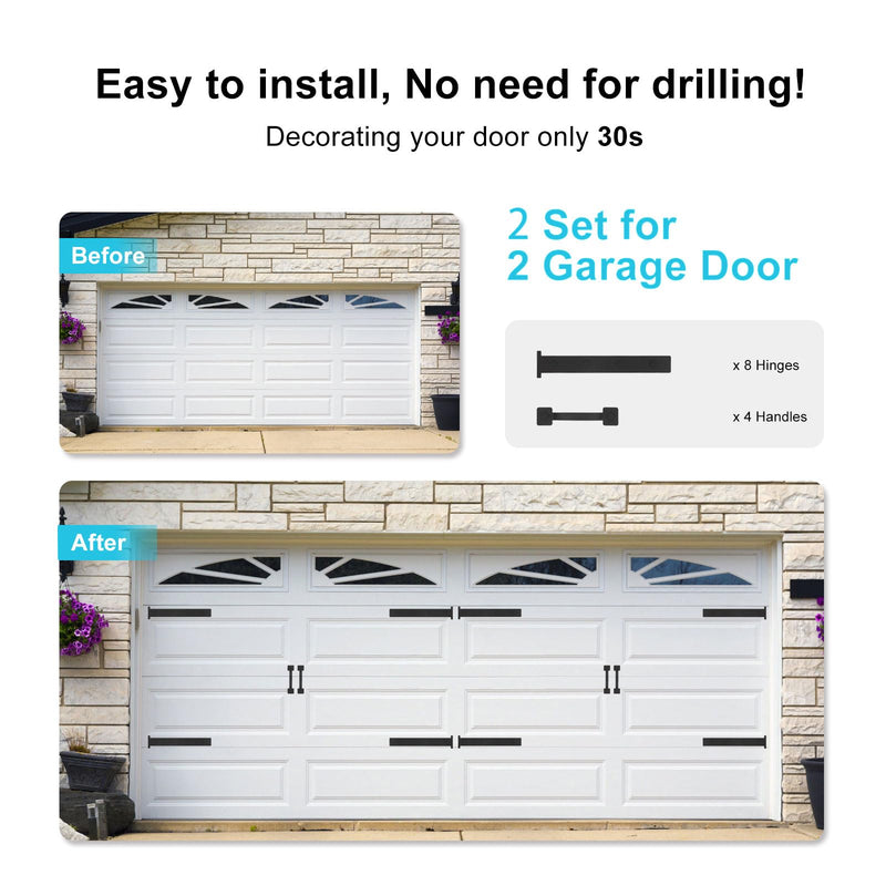 JIAHOO Magnetic Garage Door Decorative Hardware, Garage Door Hardware Kit Decorative 8 Hinges & 4 Handles, Curb Appeal Garage Door Accents, Black Magnetic Garage Door Hardware, 2 Sets