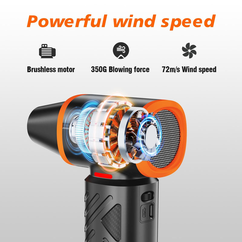 Compressed Air Duster, 360000RPM Electric Air Duster with 10000mAh Battery | 350g/72m/s Maximum wind speed Adjustable Rechargeable , Replace Compressed Air Can for PC, Keyboard, Home, Outdoors Orange