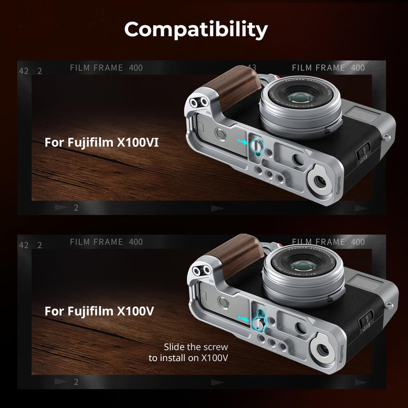 SmallRig X100VI / X100V Handgrip, Wooden L-Shape Grip for FUJIFILM X100VI / X100V Camera, Built-in Quick Release Plate for Arca, with Shutter Button and Hot Shoe Cover, Silver - 4804 Siliver