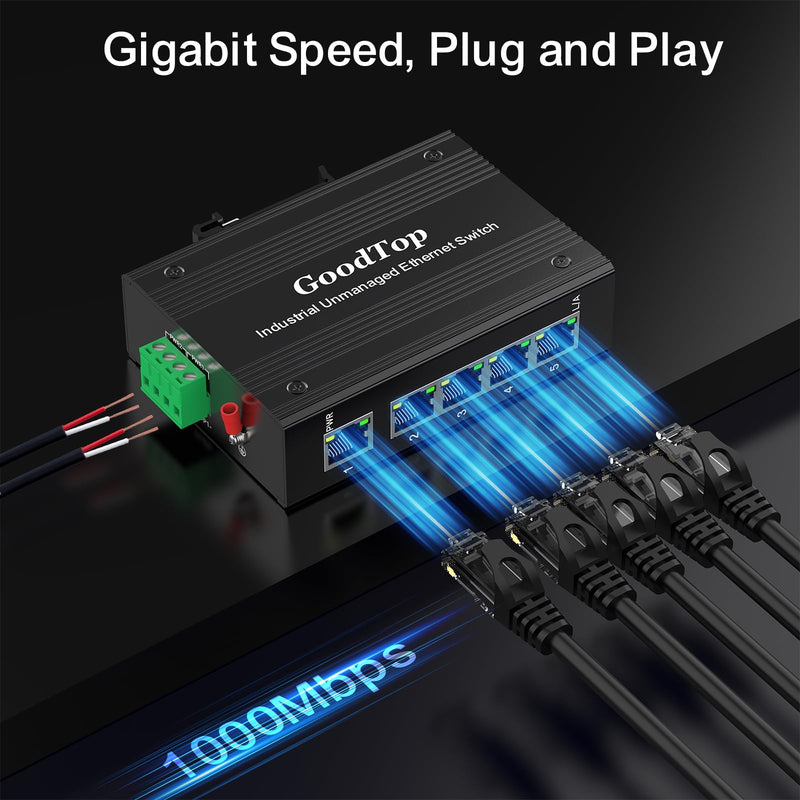 5 Port Gigabit Industrial Switch,10/100/1000Mbps Unmanaged DIN-Rail Ethernet Switch with 15W DIN-Rail Industrial Power Supply, IP40,One-Key VLAN,Lightning Protection 5 Port Gigabit