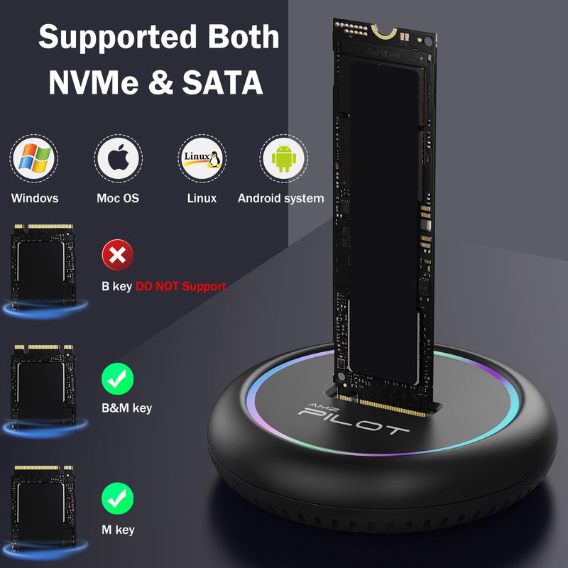 M.2 NVMe & SATA to USB C Docking Station, M.2 SSD to USB A C Reader Adapter for Both M Key & B+M Key NVMe PCIE and SATA NGFF SSD Dock, Size for 22110 2280 2260 2242 2230 RGB Light Enclosure M.2 Dock [Round Plastic with RGB]