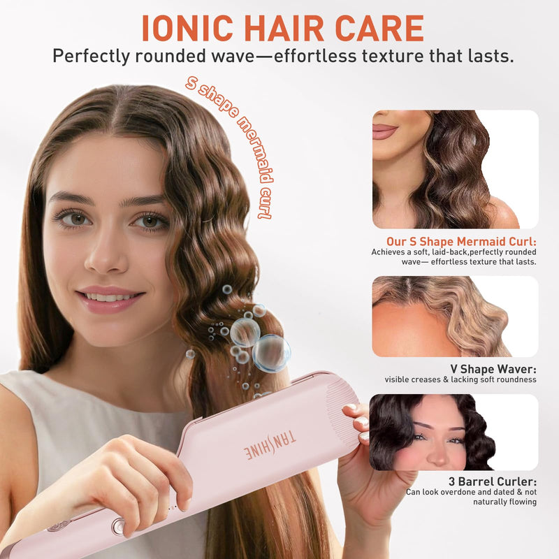  [AUSTRALIA] - TANSHINE 32mm Hair Waver Beach Wave Curling Iron Pink | Ceramic coating, 5 temp 120-200°C, CE anti-scald, dual voltage 110-240V, 60s heat-up, ions, all hair, hair crimper 1.25 Inch