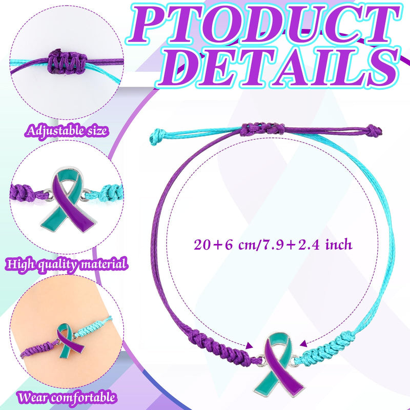 Sasylvia 20/100/150 Pcs Suicide Prevention Awareness Bracelets Adjustable Cord Purple Teal Ribbon Braided Bracelets Inspirational Suicide Prevention Gifts for Women Men Jewelry Accessories 100