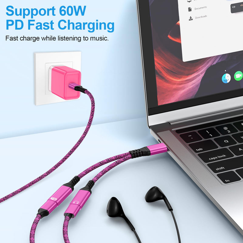 USB C Splitter for iPhone 17 16 15 Pro Max,1 in 2 Out Type C Audio Jack | Dual USB C Headphone and Charger Adapter with PD 60W Fast Charging Cable for Samsung Galaxy S26 S25 S24 Ultra Rose Red