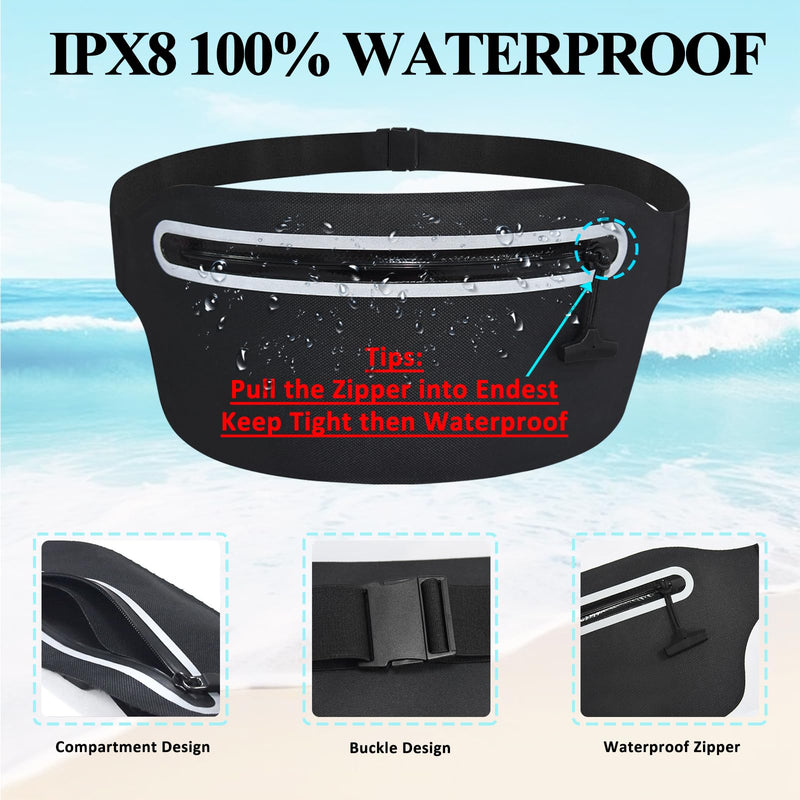 Large Waterproof Fanny Pack for Swimming Small Dry Bag Kayaking Boating Floating Snorkeling Beach Travel, Water Proof Pouch Running Belt for Phone iPhone Women Men Kids Girls Black Waist Bag 01-100% Waterproof