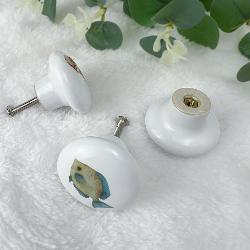 Set of 6 Ceramic Kids Nursery Fish Ocean Starfish Beachy Coastal Cabinet Dresser Drawer Door Handle Pulls Knobs 1.5 X 1.5 Inches conch