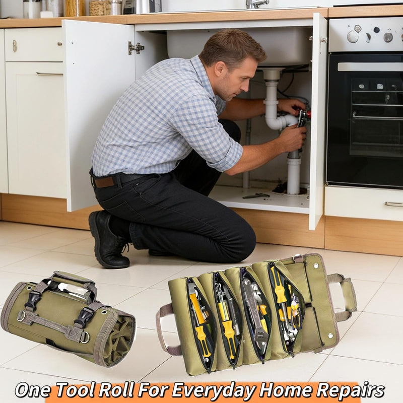 Tool Bag Roll Up Portable Tool Roll Organizer-Gifts Dad Roll-Up Tool Bag Pockets for Wrenches, Sockets & Hand Tools for Mechanics & Electricians Handyman Khaki