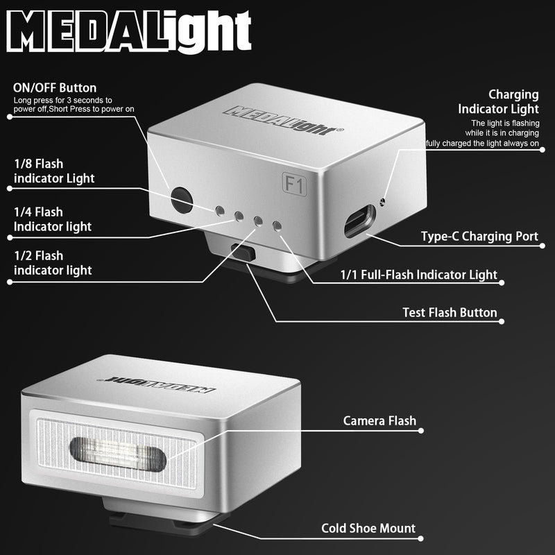 MEDALight F1 Mini Camera Flash Camera Flash Speedlite for Ricoh (GR3/GR3X,etc.) Fuji/Sony ZV1/Nikon/Canon,Digital Film Cameras,Portable Mini hot Shoe Flashlight for DSLR Cameras.(Silver) Silver